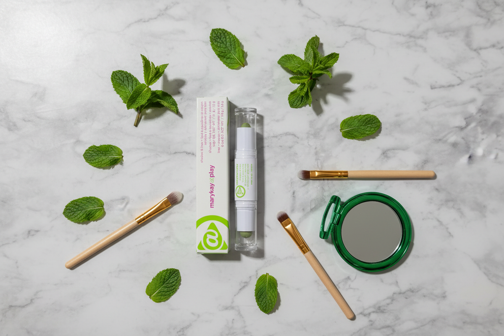 Mary Kay at Play Shadow & Liner Mint to Be flat lay on white marble with mint green makeup accessories and fresh mint leaves
