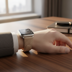 LAUT Novi Luxe beige Apple Watch band on wrist in professional setting showing magnetic clasp