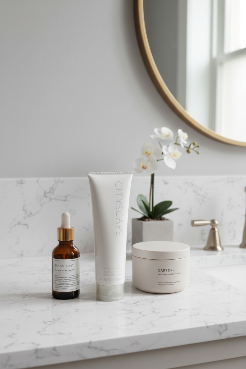 Mary Kay Cityscape Shower Gel on modern minimalist bathroom vanity with white quartz countertop