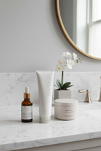 Mary Kay Cityscape Shower Gel on modern minimalist bathroom vanity with white quartz countertop