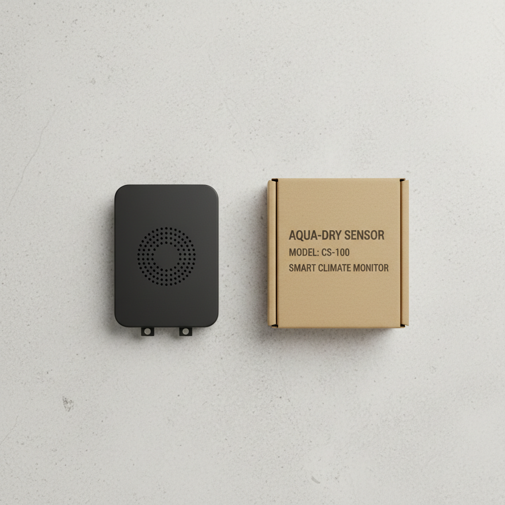 Flat-lay of Panasonic FV-CSVK1 condensation sensor module next to original brown box on textured stone surface