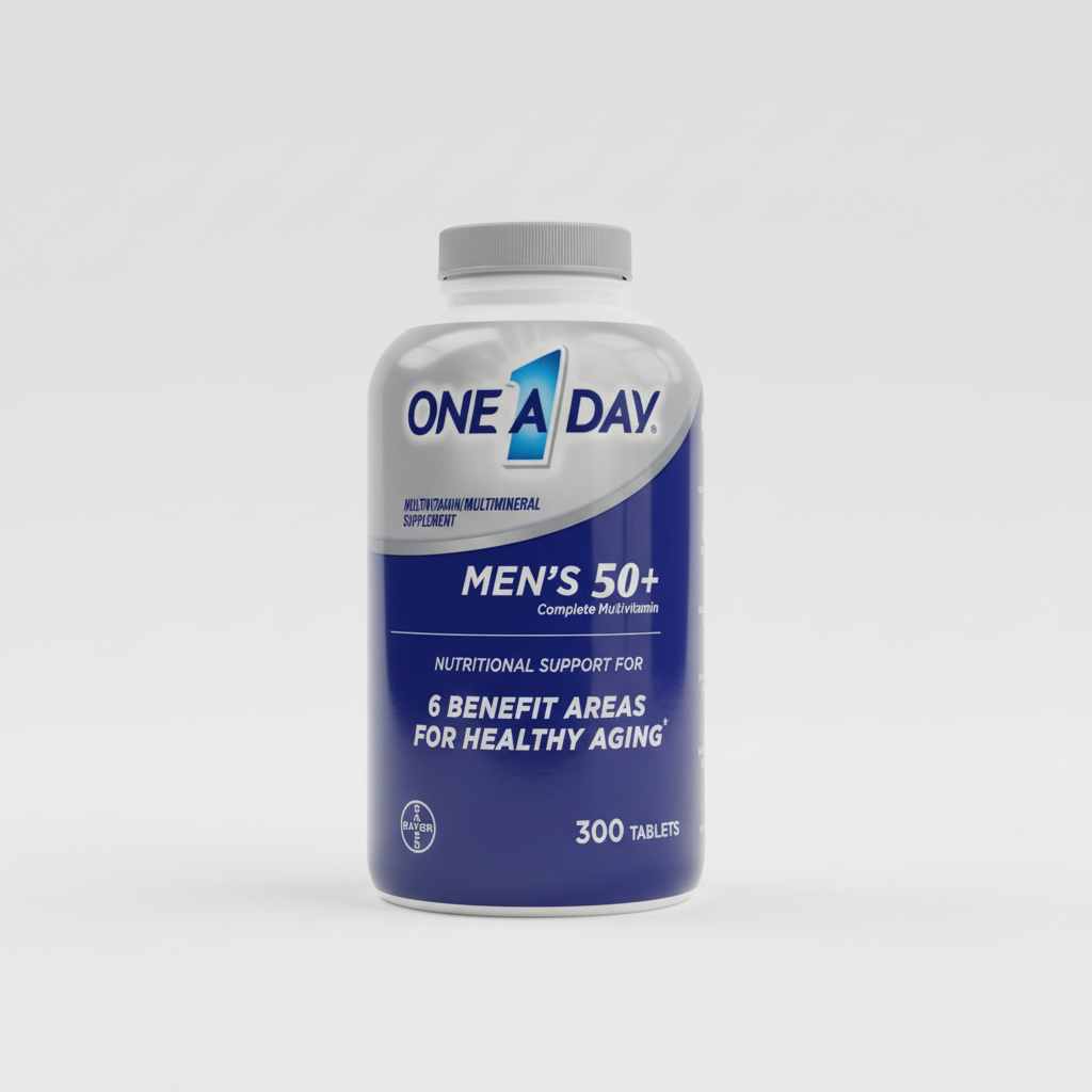 One A Day Men’s 50+ Complete Multivitamin 300-tablet bottle on a neutral studio surface