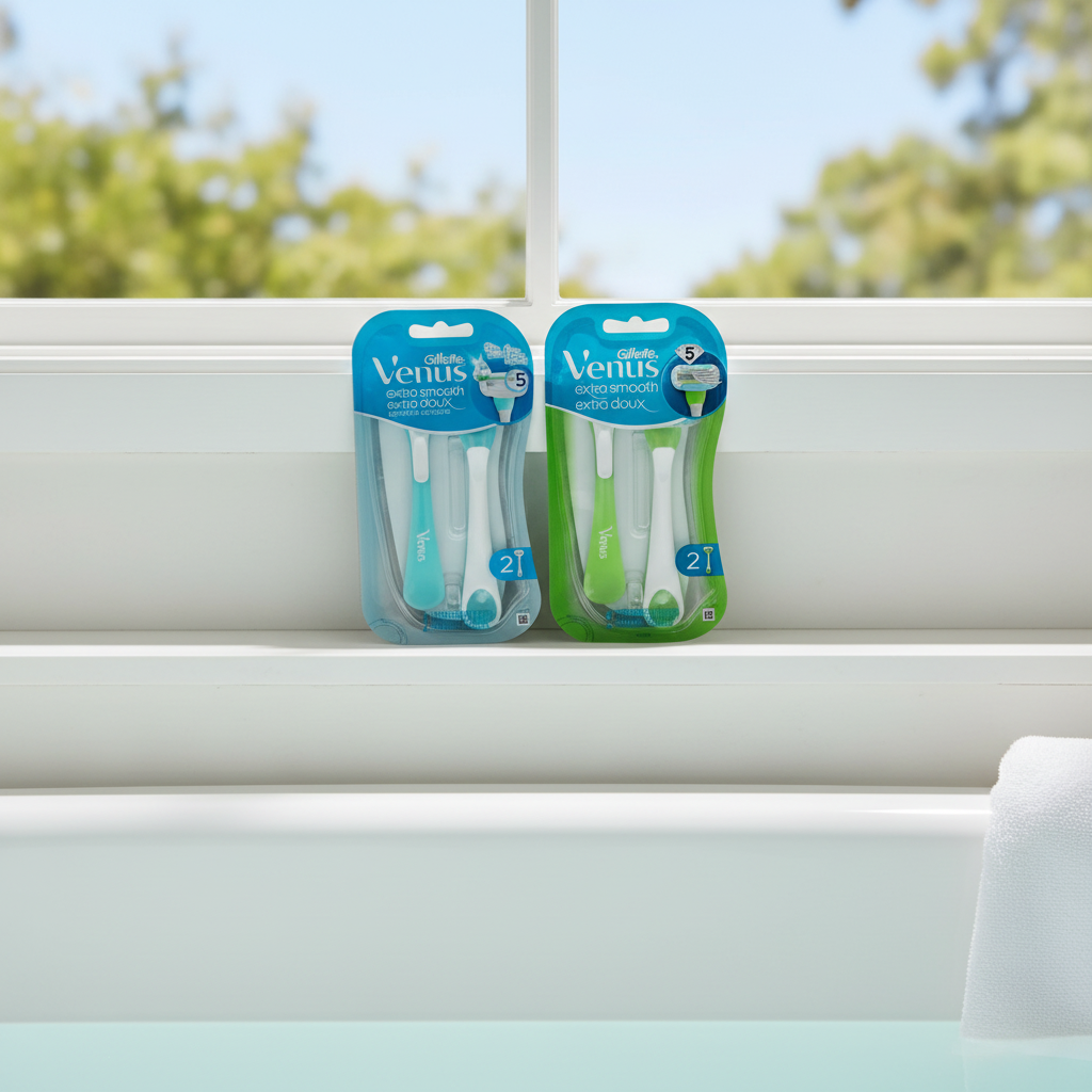 Gillette Venus Extra Smooth razors on bathroom windowsill above soaking tub