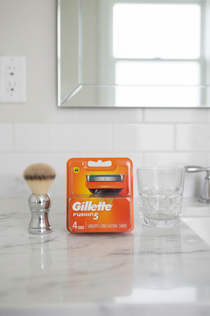 Gillette Fusion5 4-count razor refills on white marble bathroom vanity with silver shave brush and designer water glass