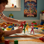 Child's hands playing with colorful Power Rangers action figures on a 90s bedroom floor — More4less Outlet