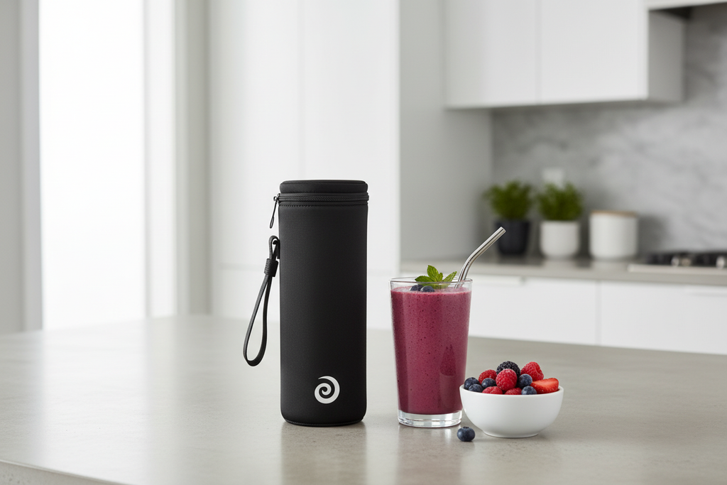 BlendJet JetSetter black insulated travel case on kitchen counter next to fresh frozen berries and smoothie glass