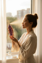 A woman using a fine purple facial mist spray on her face in bright morning window light