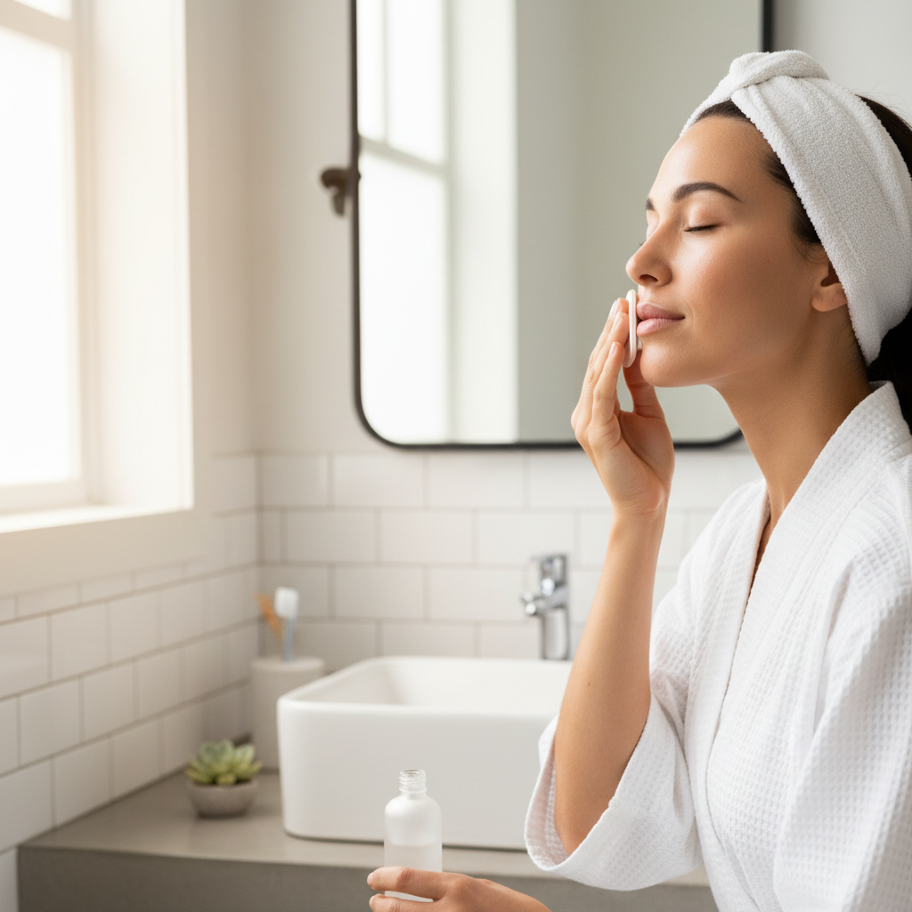 Woman applying pore prep solution with a cotton pad in a bright bathroom