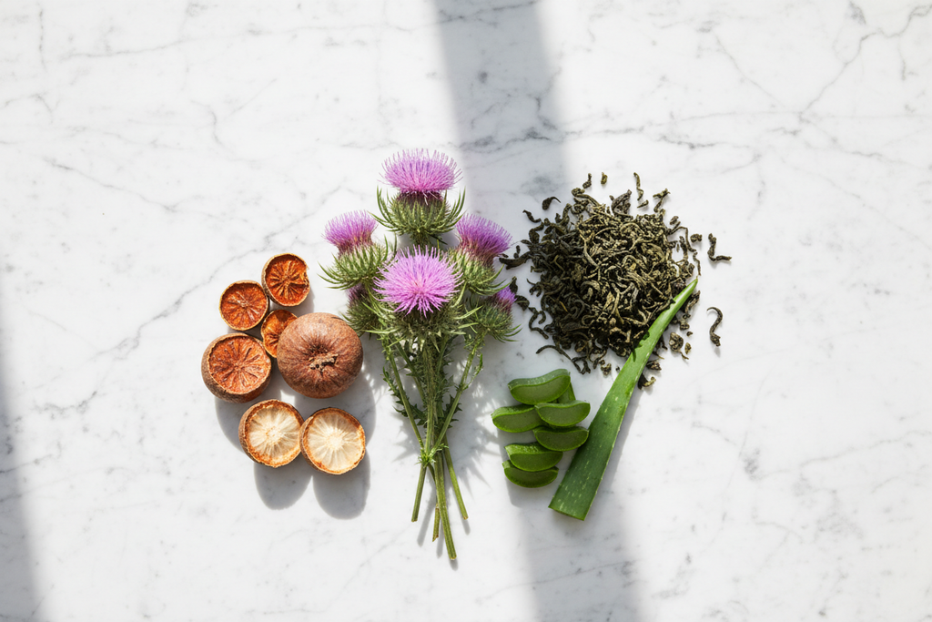 Botanical skincare ingredients including milk thistle monk fruit and green tea on marble surface