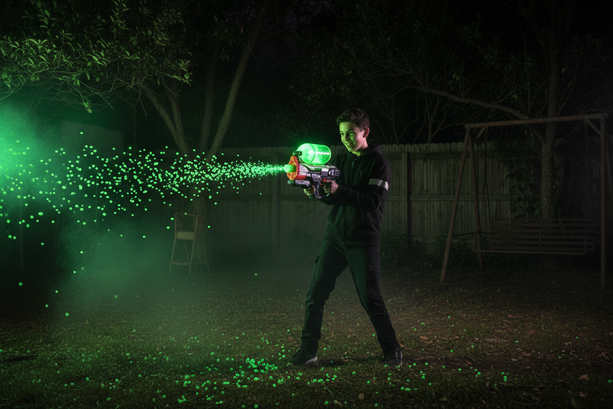 Teenager firing Nerf gel blaster with glowing green Nightfall Hopper at night in backyard battle scene — More4less Outlet