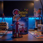 Marvel Legends High Evolutionary figure displayed out of package on a collector desk with cinematic blue accent lighting and Marvel comics in background — More4less Outlet