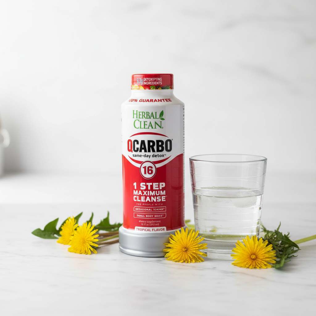 Herbal detox supplement bottle beside water glass and fresh dandelion flowers on white marble countertop – More4less Outlet