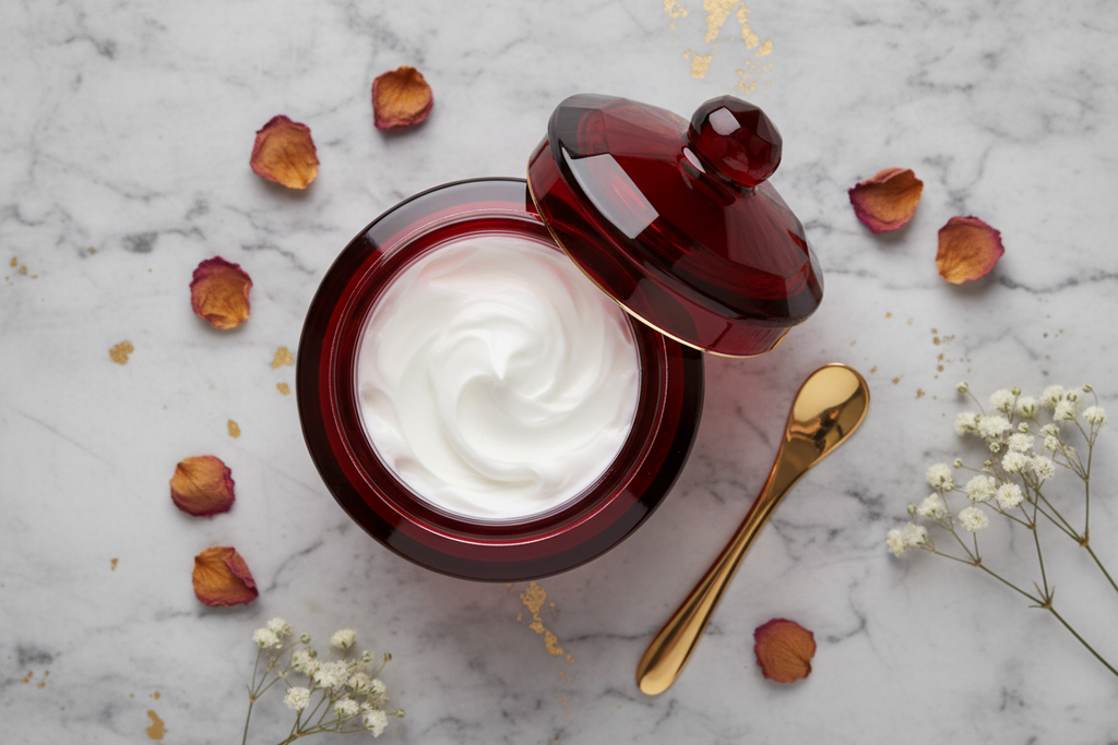 Top-down view of body soufflé jar with lid slightly off-center showing whipped texture