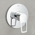 Grohe BauLoop polished chrome shower valve trim close-up showing loop lever handle detail and mirror chrome finish on grey tile