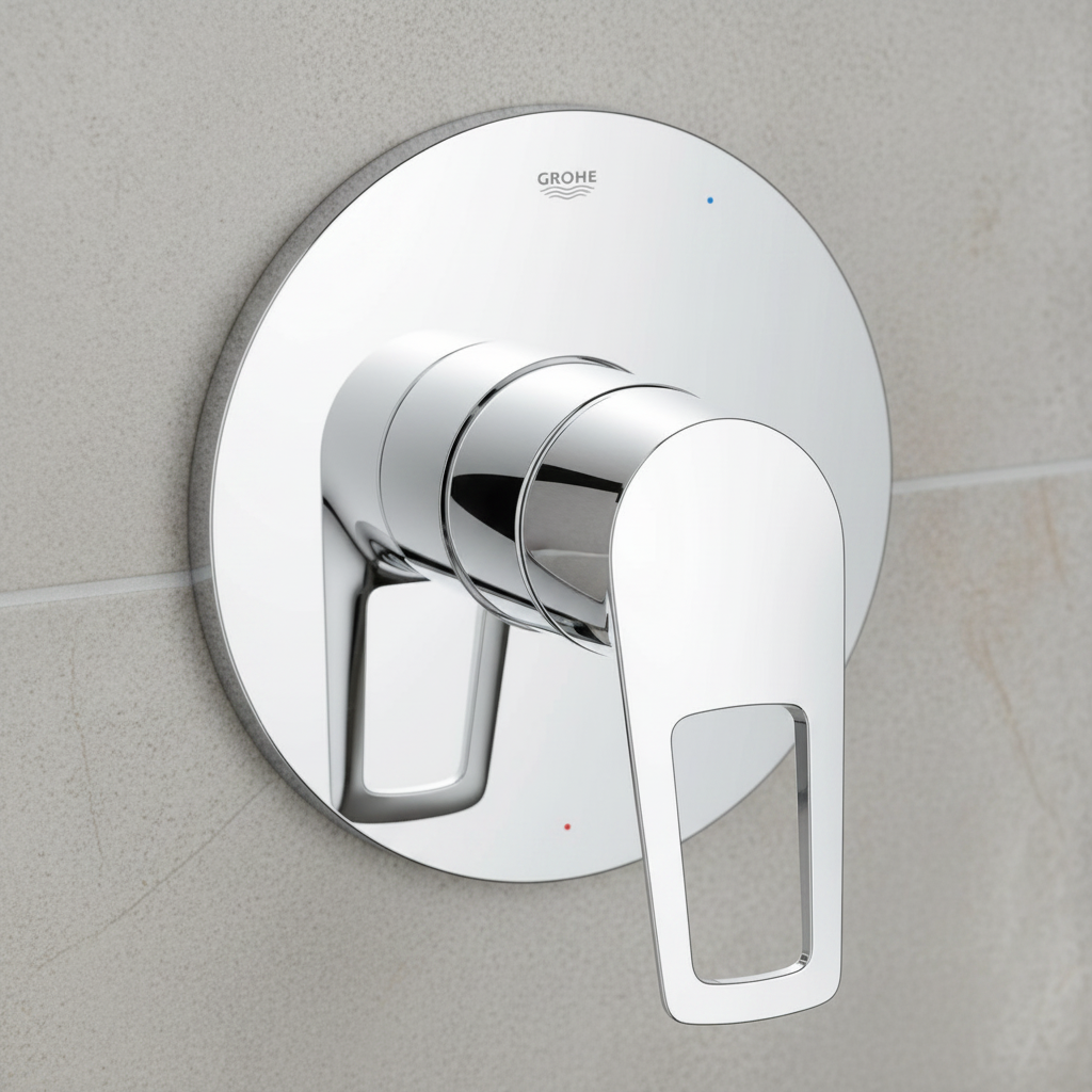 Grohe BauLoop polished chrome shower valve trim close-up showing loop lever handle detail and mirror chrome finish on grey tile