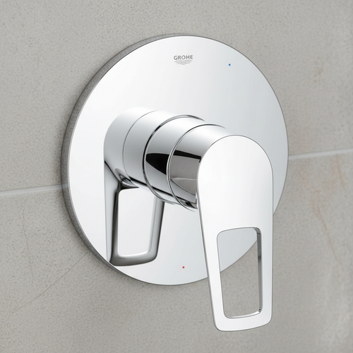 Grohe BauLoop polished chrome shower valve trim close-up showing loop lever handle detail and mirror chrome finish on grey tile