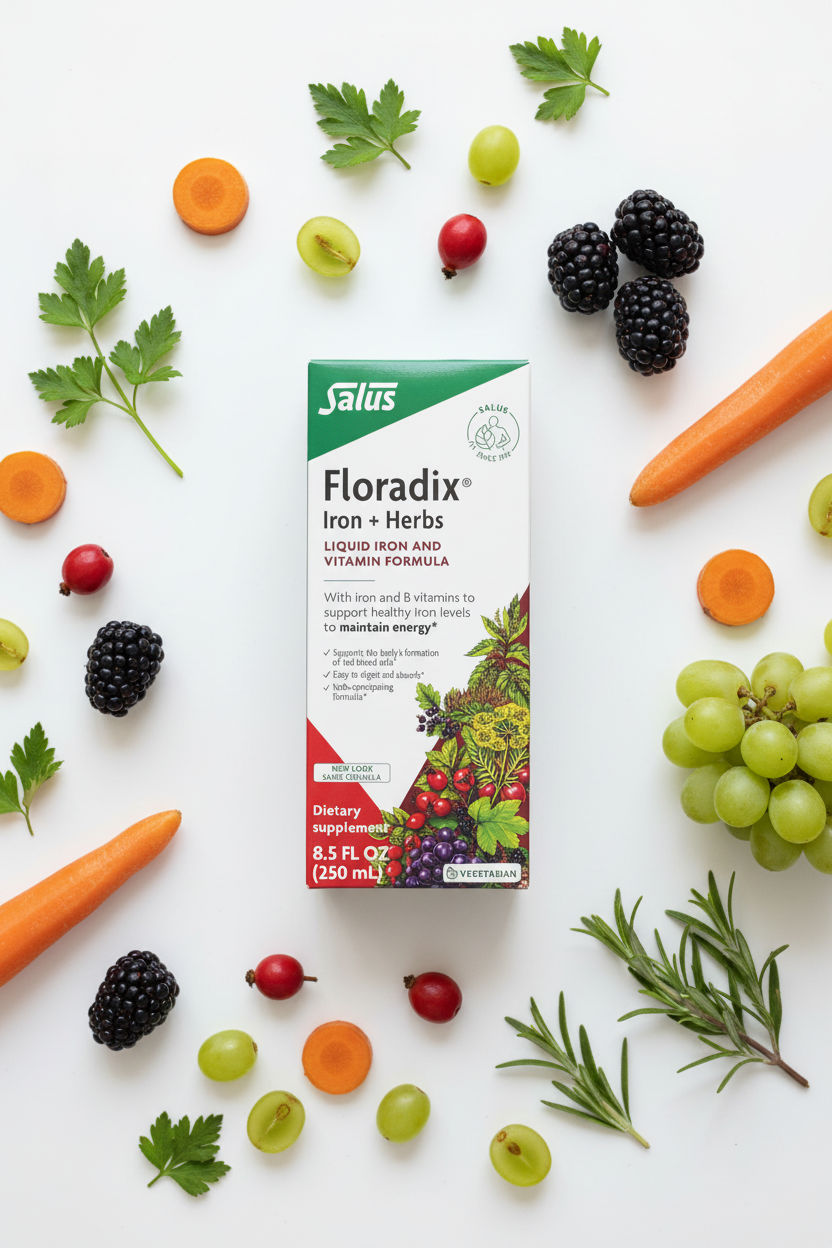 Salus Floradix Iron and Herbs Liquid Formula 250ml box flat lay with fresh blackberries, grapes, rose hips, carrots, and green herbs on a white surface – More4less Outlet