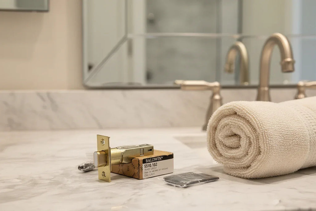 Baldwin 5510.102 knob latch assembly on marble vanity surface next to rolled premium hand towel