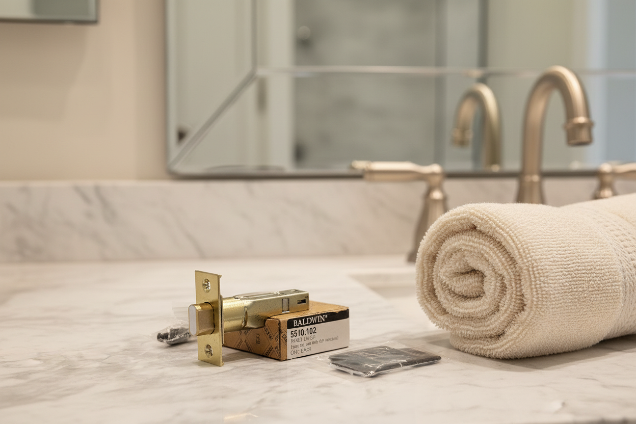 Baldwin 5510.102 knob latch assembly on marble vanity surface next to rolled premium hand towel