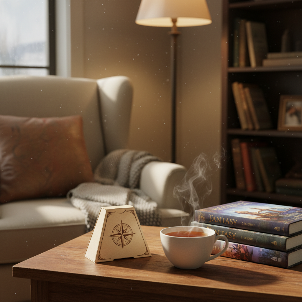 Compact trivia game on wooden table next to tea and fantasy novels — Harry Potter Trivial Pursuit Bite-Size — More4less Outlet