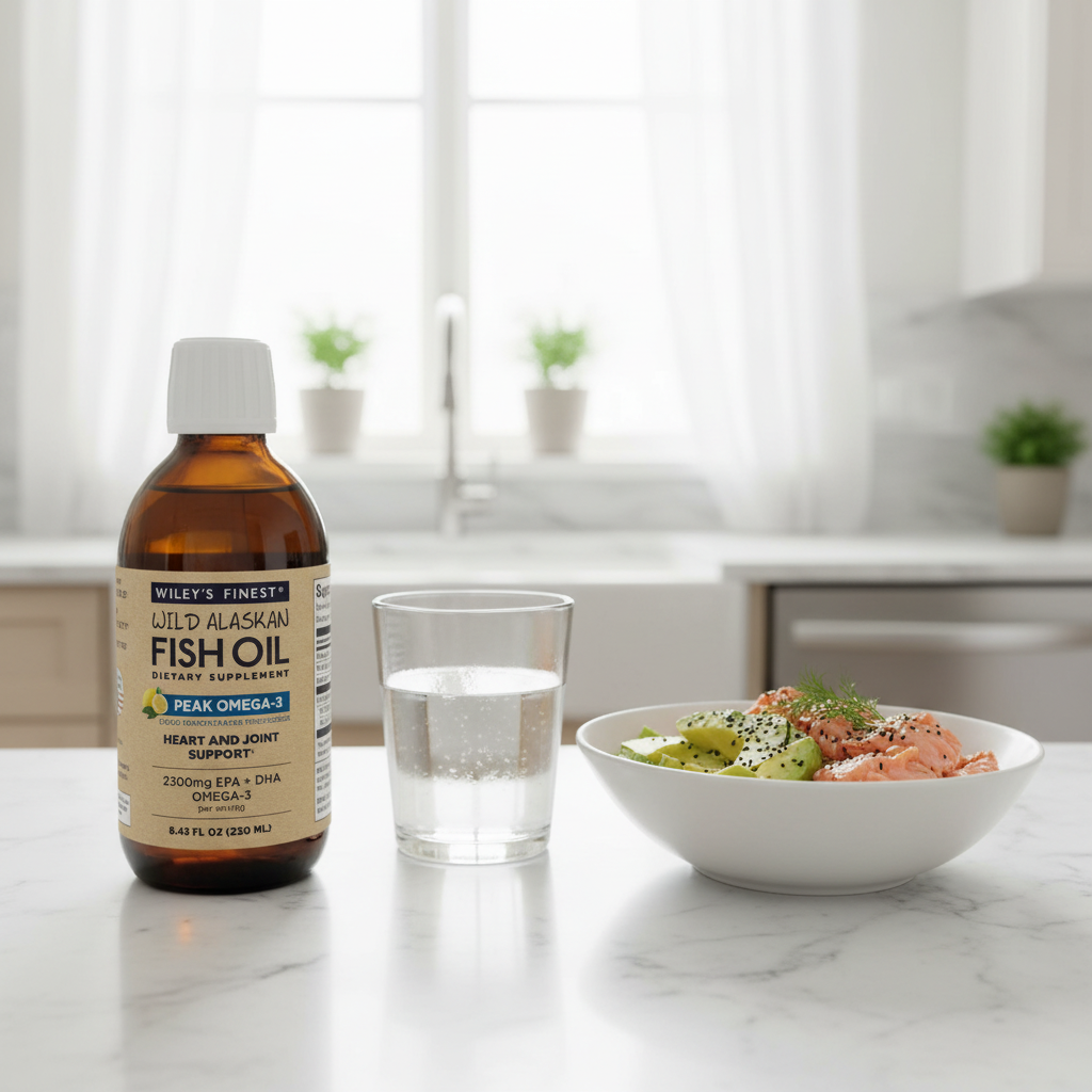 Wiley's Finest Peak Omega-3 Liquid Fish Oil bottle on marble countertop with salmon and avocado – heart health lifestyle