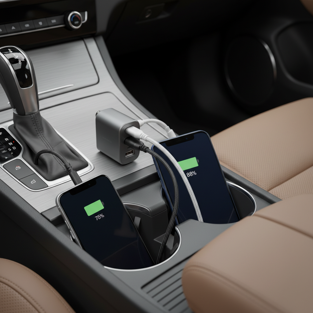 Two smartphones charging simultaneously via Case Logic Dual USB Car Charger on car center console — More4less Outlet