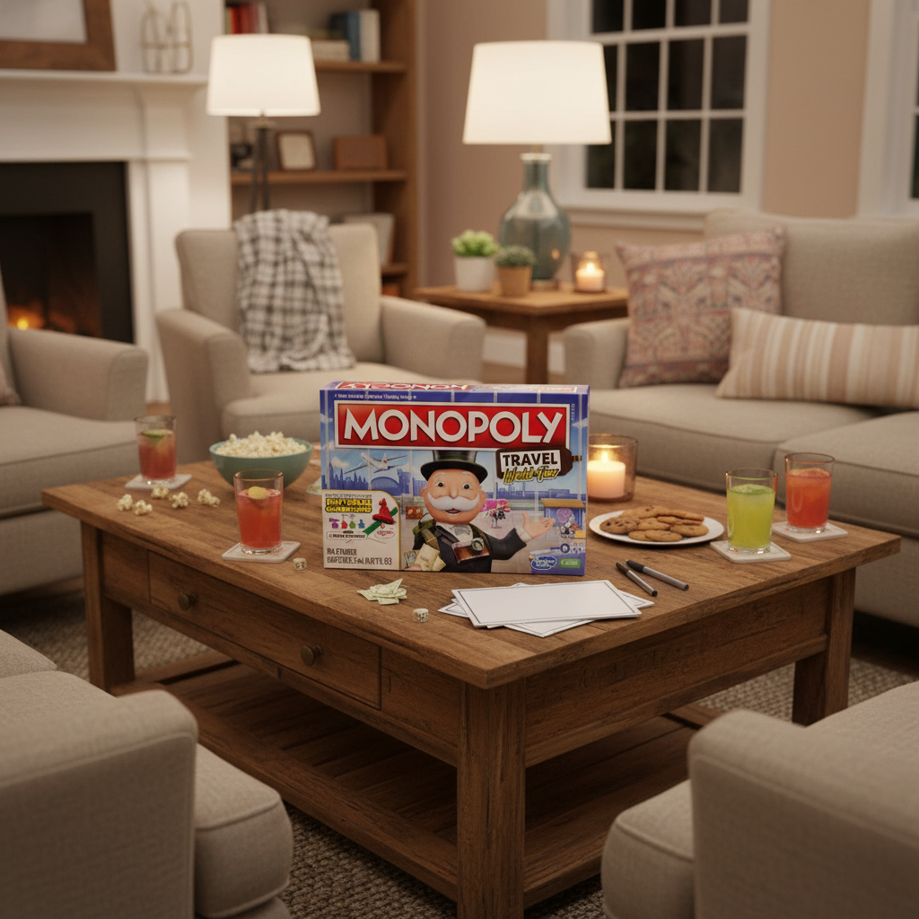 Monopoly Travel World Tour Board Game on coffee table - family game night setup - More4less Outlet