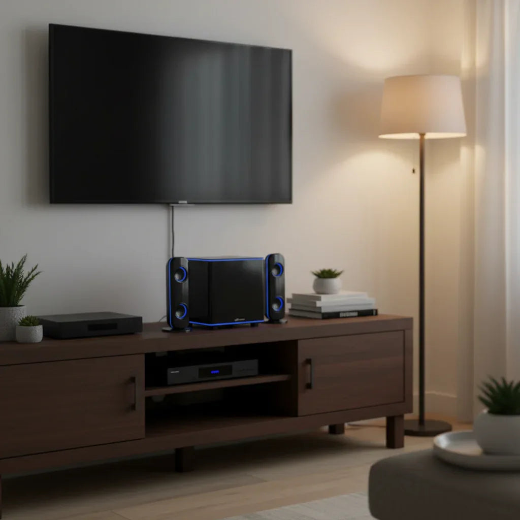 iLive Platinum 2.1 speaker system in clean living room entertainment space lifestyle image