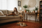 Woman relaxing on sofa reading while two cats rest peacefully together on a rug in a cozy living room