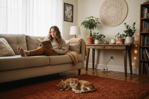 Woman relaxing on sofa reading while two cats rest peacefully together on a rug in a cozy living room