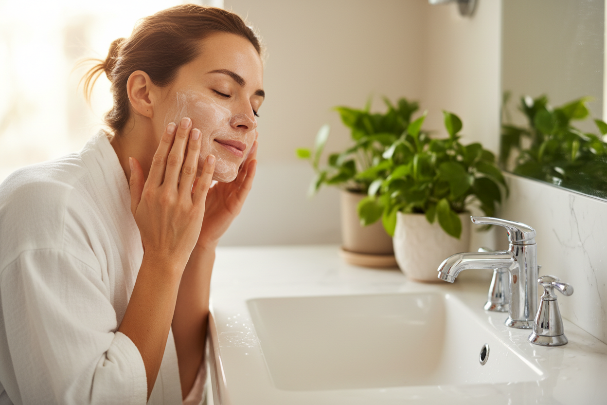 Woman massaging creamy cleanser onto damp face at bathroom sink - natural skincare routine lifestyle