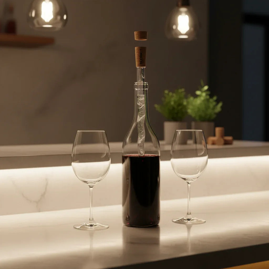 Kitchen counter bar display with wine bottle featuring Corkcicle Air chiller aerator beside wine glasses, warm ambient lighting