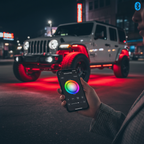 Smartphone showing LED rock light Bluetooth app color wheel SUV red underglow background nighttime smart lighting lifestyle - More4less Outlet
