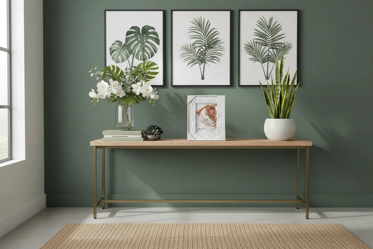 Modern botanical interior design vignette with distressed white leaf-textured portrait frame on console table