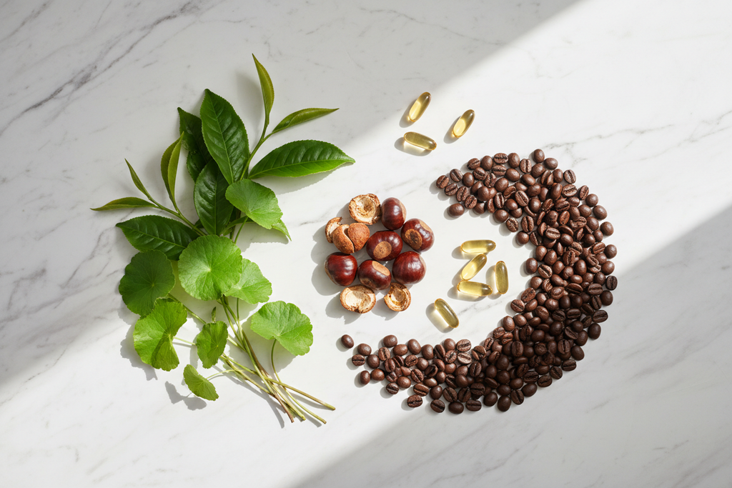 Green tea leaves gotu kola horse chestnut coffee beans and vitamin E on white marble - anti-aging body care ingredient flat lay