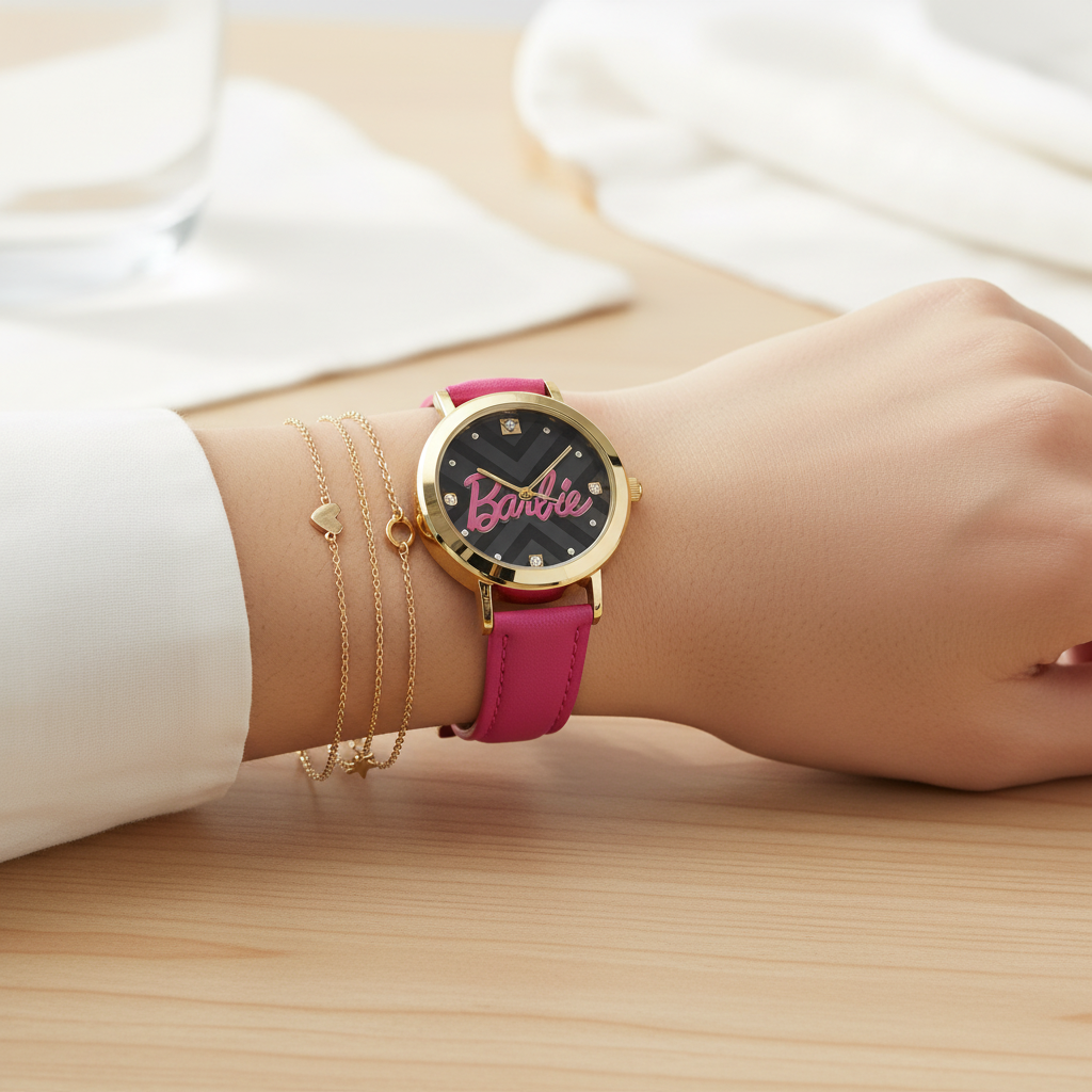 Close-up of woman's wrist wearing gold-tone Barbie watch with hot pink strap and gold chain bracelets