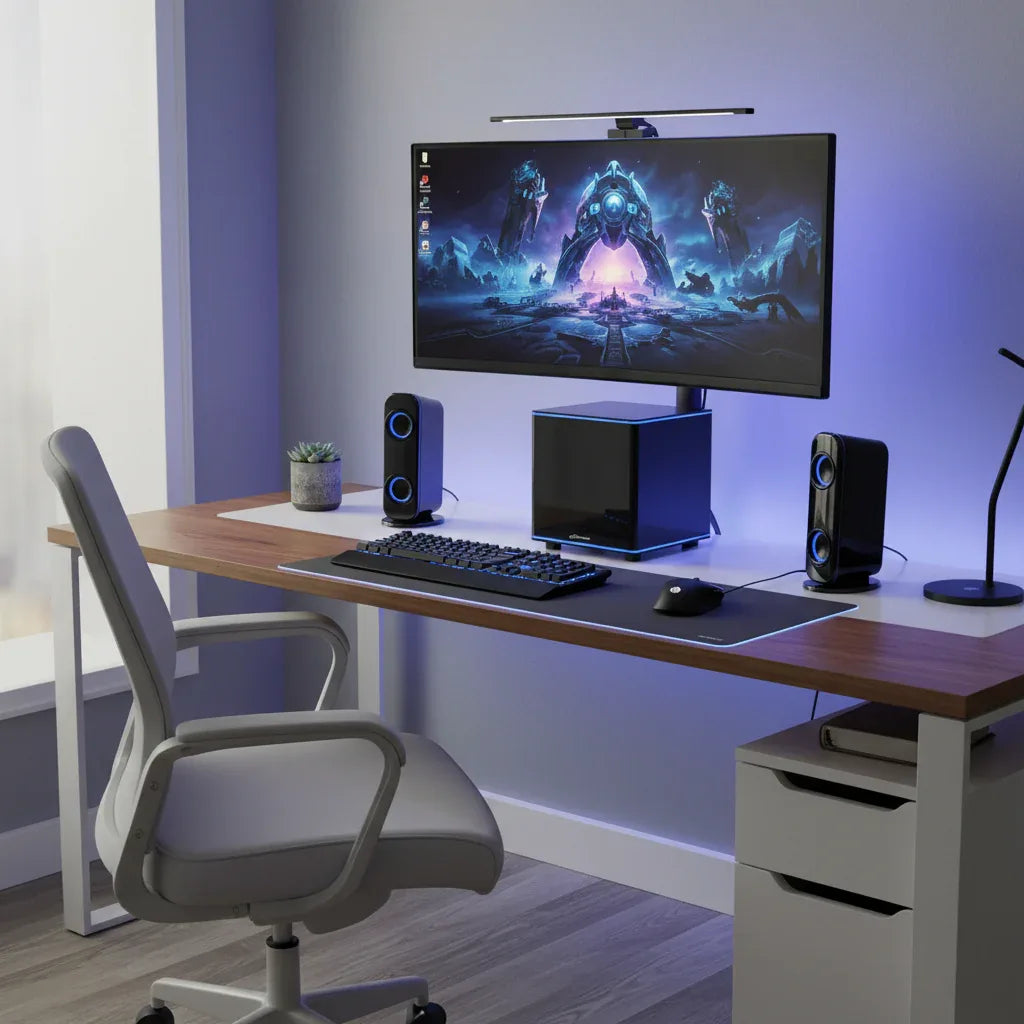 iLive Platinum 2.1 speaker system with blue LED accents on modern computer desk lifestyle image