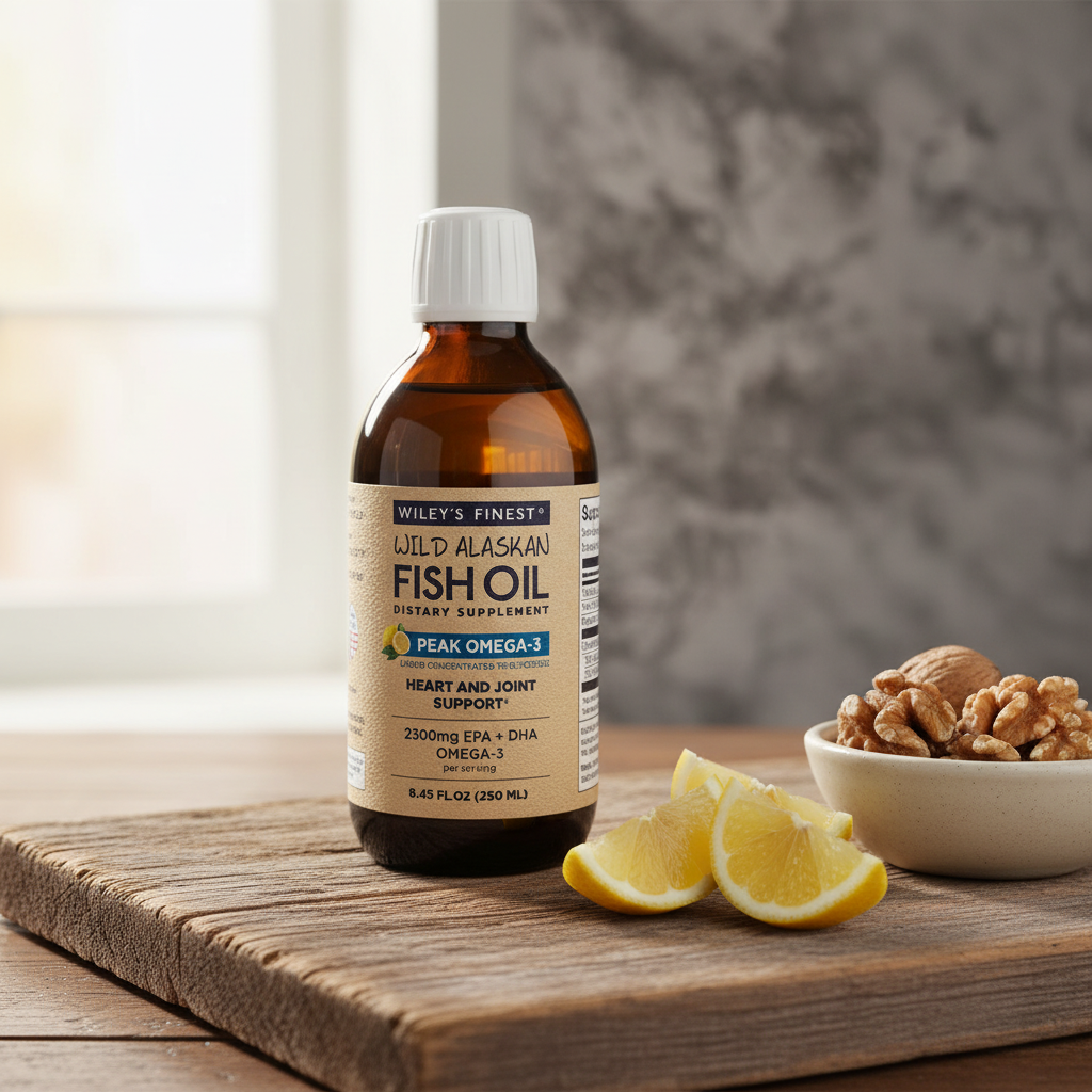 Wiley's Finest Peak Omega-3 Liquid Fish Oil bottle on wooden surface with lemon slices and walnuts – omega-3 wellness lifestyle