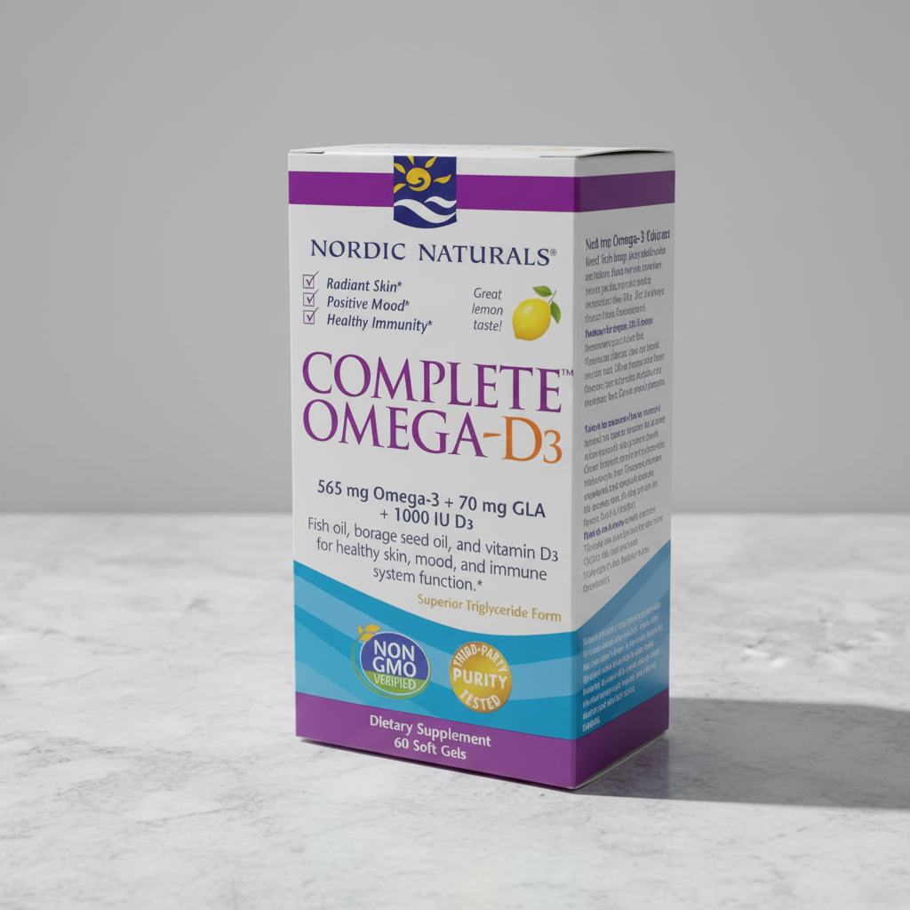 AI-generated contextual image of Nordic Naturals Complete Omega-D3 package at a three-quarter angle on a neutral surface