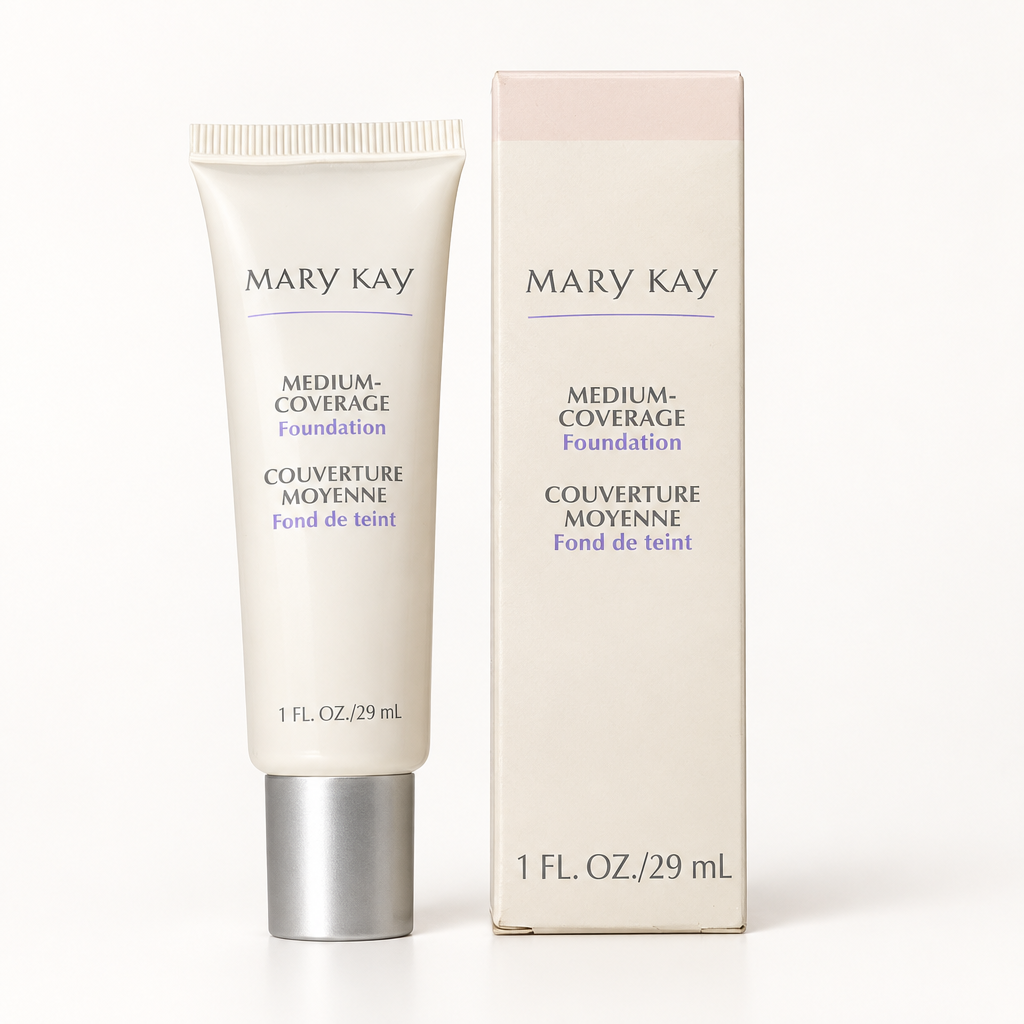 Vintage Mary Kay Medium-Coverage Foundation tube and retail box on a white studio background