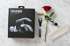 Houdini Lever Corkscrew Set gift flatlay on white marble with retail box rose and wine cork - More4less Outlet