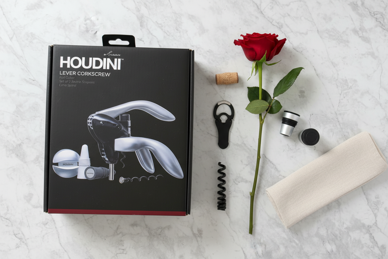 Houdini Lever Corkscrew Set gift flatlay on white marble with retail box rose and wine cork - More4less Outlet