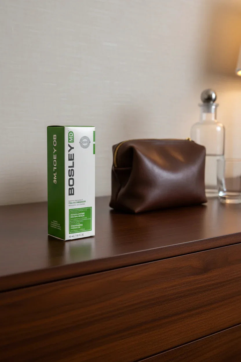 BosleyMD Follicle Energizer box on bedroom dresser with leather toiletry bag and glass water carafe — More4less Outlet