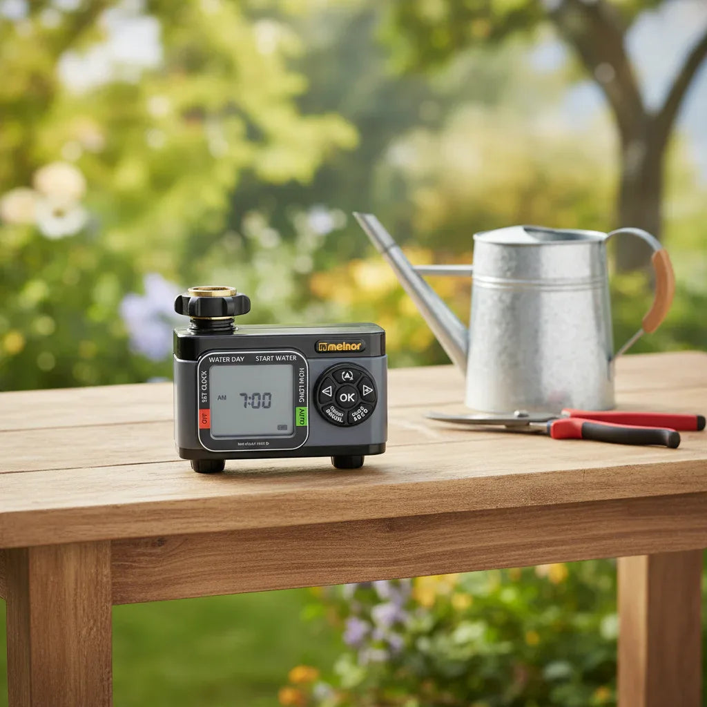Melnor XT HydroLogic Digital Water Timer on light-oak garden workstation table next to galvanized steel watering can and professional gardening shears