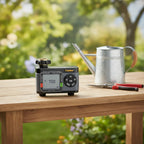 Melnor XT HydroLogic Digital Water Timer on light-oak garden workstation table next to galvanized steel watering can and professional gardening shears
