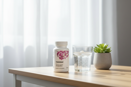 Thorne supplement bottle on minimalist desk next to glass of water and plant
