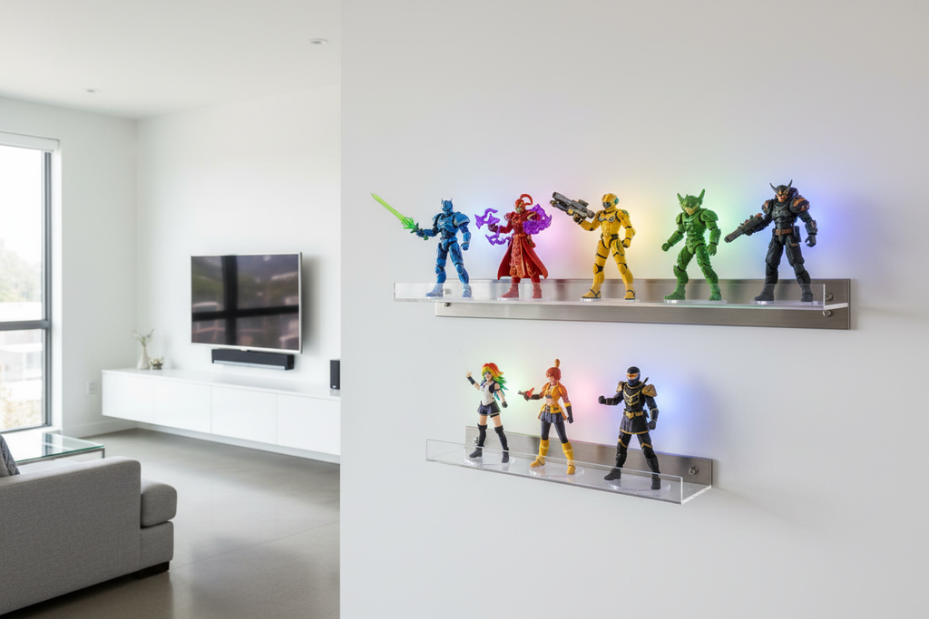 Collector's display shelf with colorful video game action figures in bright modern room