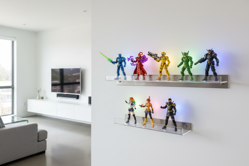 Collector's display shelf with colorful video game action figures in bright modern room