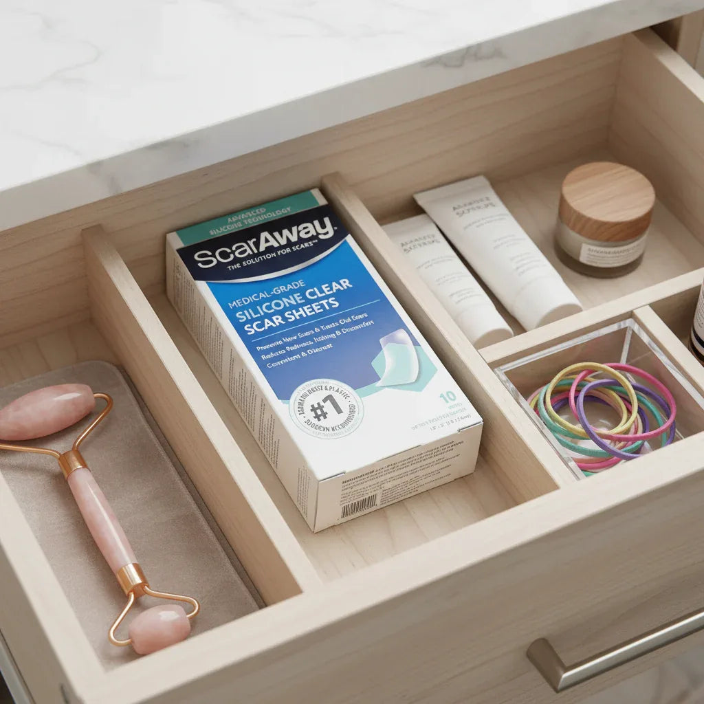 ScarAway packaging in organized skincare drawer with beauty tools and daily routine items