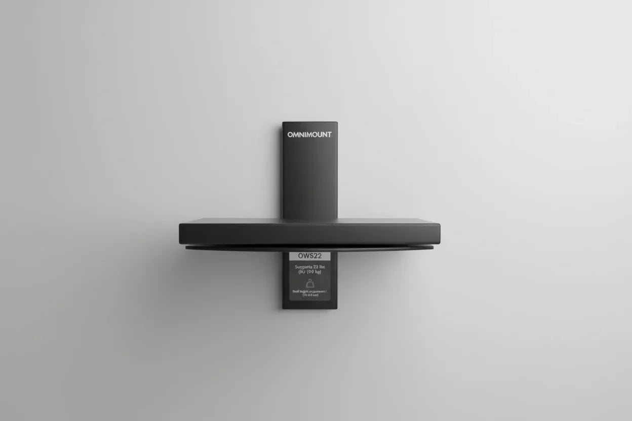 Clean studio shot of AV component shelving unit against a neutral backdrop